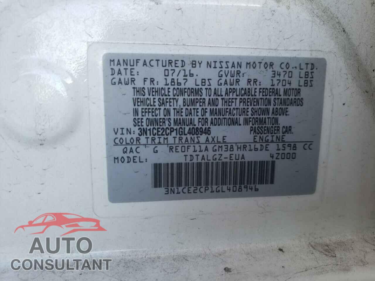 NISSAN VERSA 2016 - 3N1CE2CP1GL408946