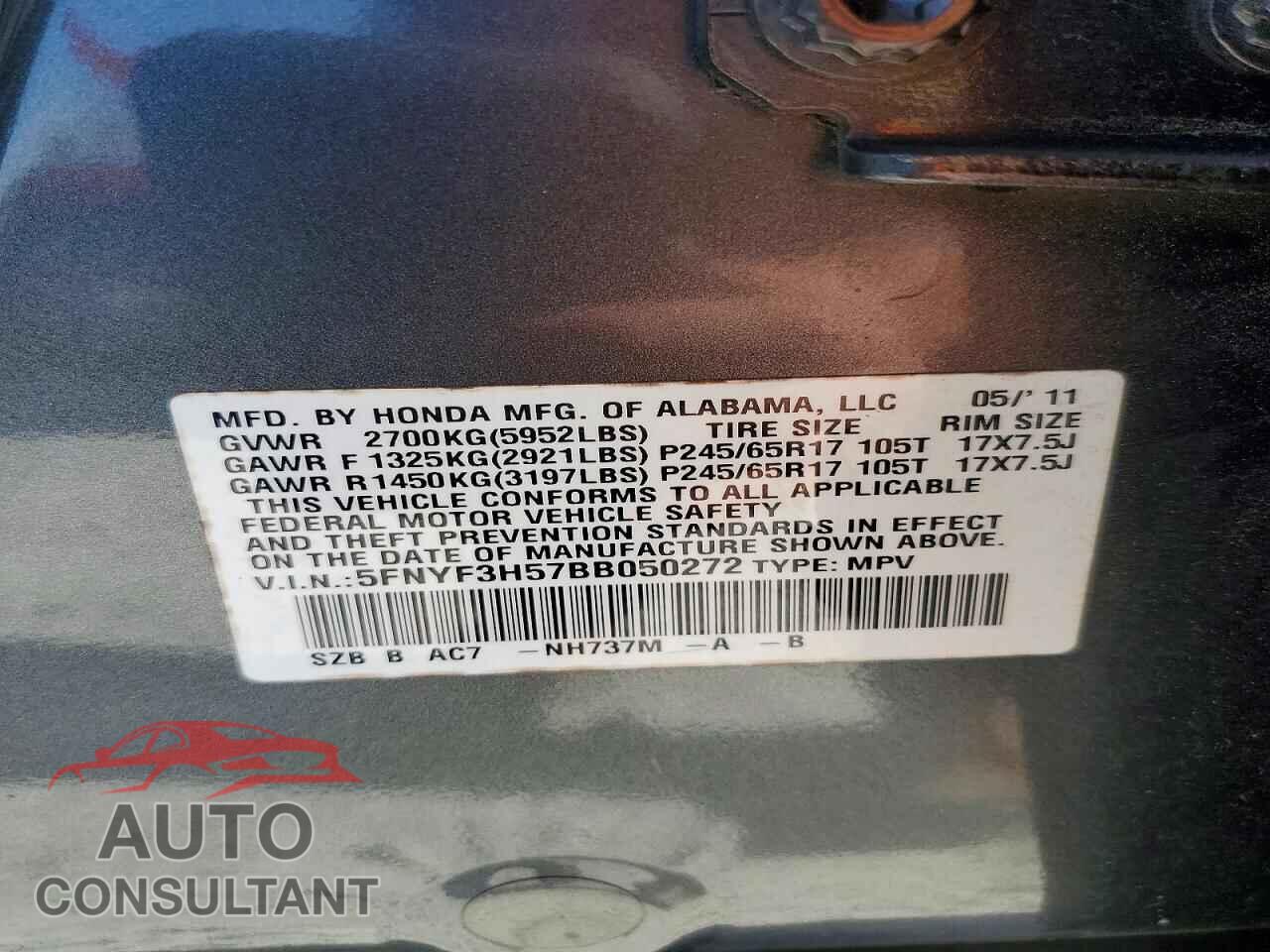 HONDA PILOT 2011 - 5FNYF3H57BB050272