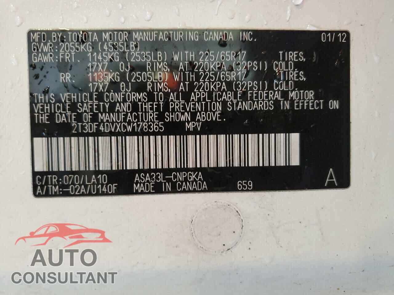 TOYOTA RAV4 2012 - 2T3DF4DVXCW178365