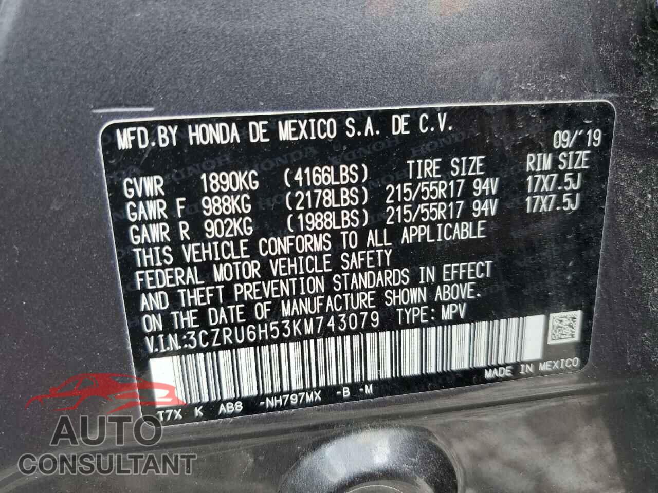 HONDA HR-V 2019 - 3CZRU6H53KM743079