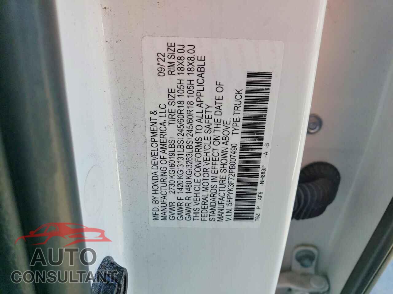 HONDA RIDGELINE 2023 - 5FPYK3F72PB007490
