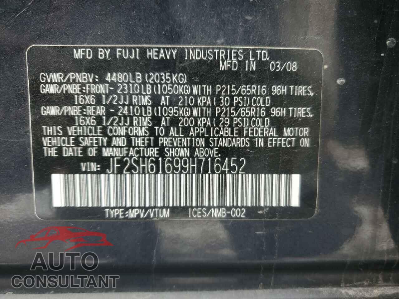 SUBARU FORESTER 2009 - JF2SH61699H716452