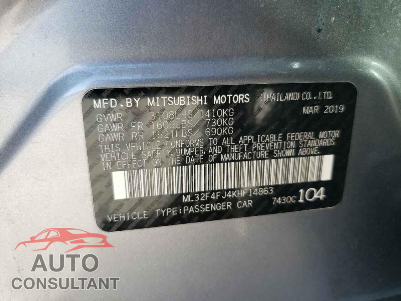MITSUBISHI MIRAGE 2019 - ML32F4FJ4KHF14863