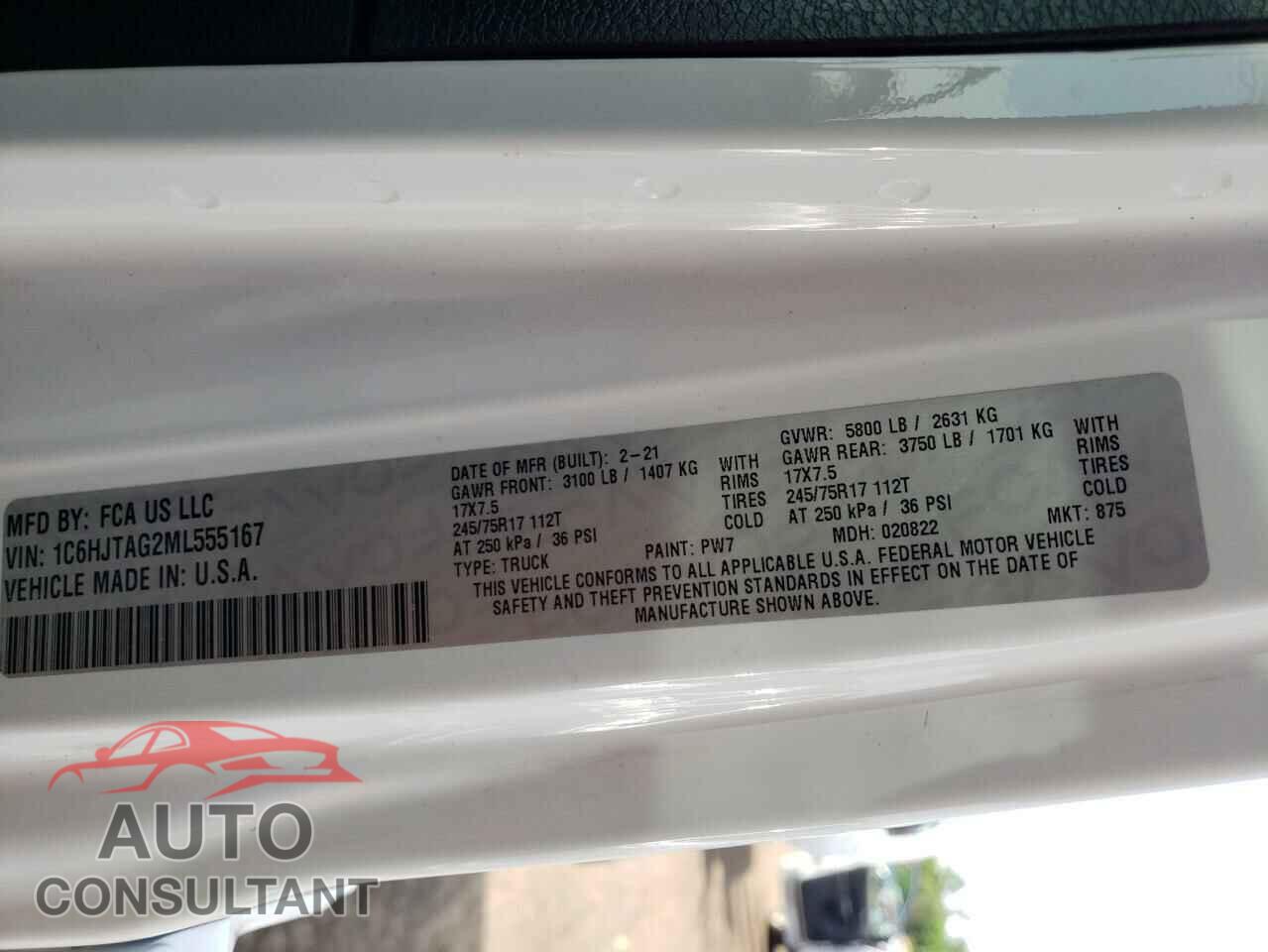 JEEP GLADIATOR 2021 - 1C6HJTAG2ML555167