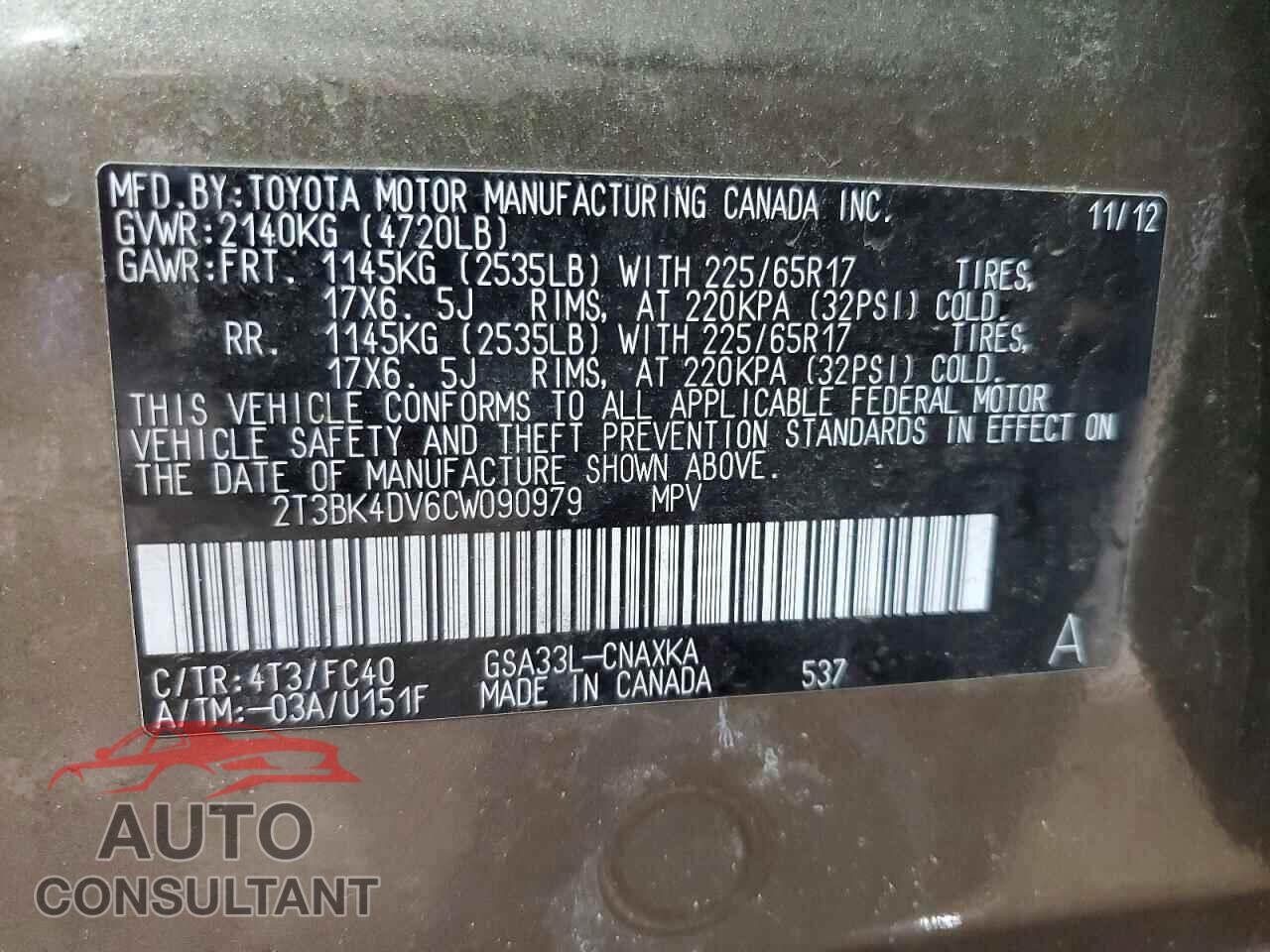 TOYOTA RAV4 2012 - 2T3BK4DV6CW090979