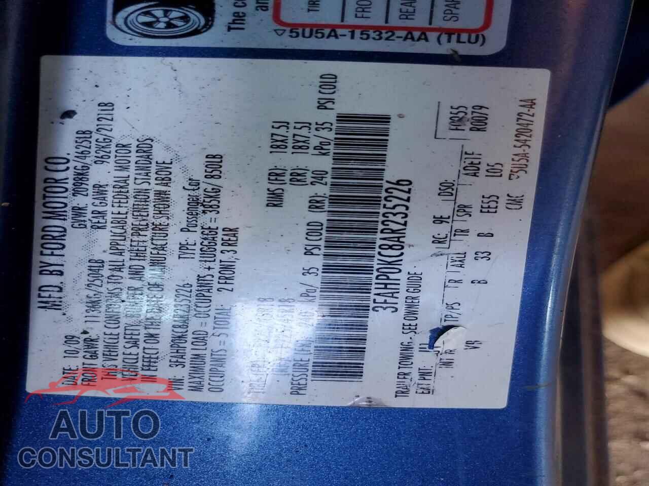 FORD FUSION 2010 - 3FAHP0KC8AR235226