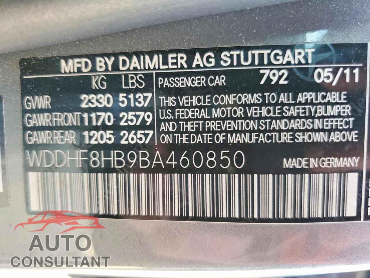 MERCEDES-BENZ E-CLASS 2011 - WDDHF8HB9BA460850