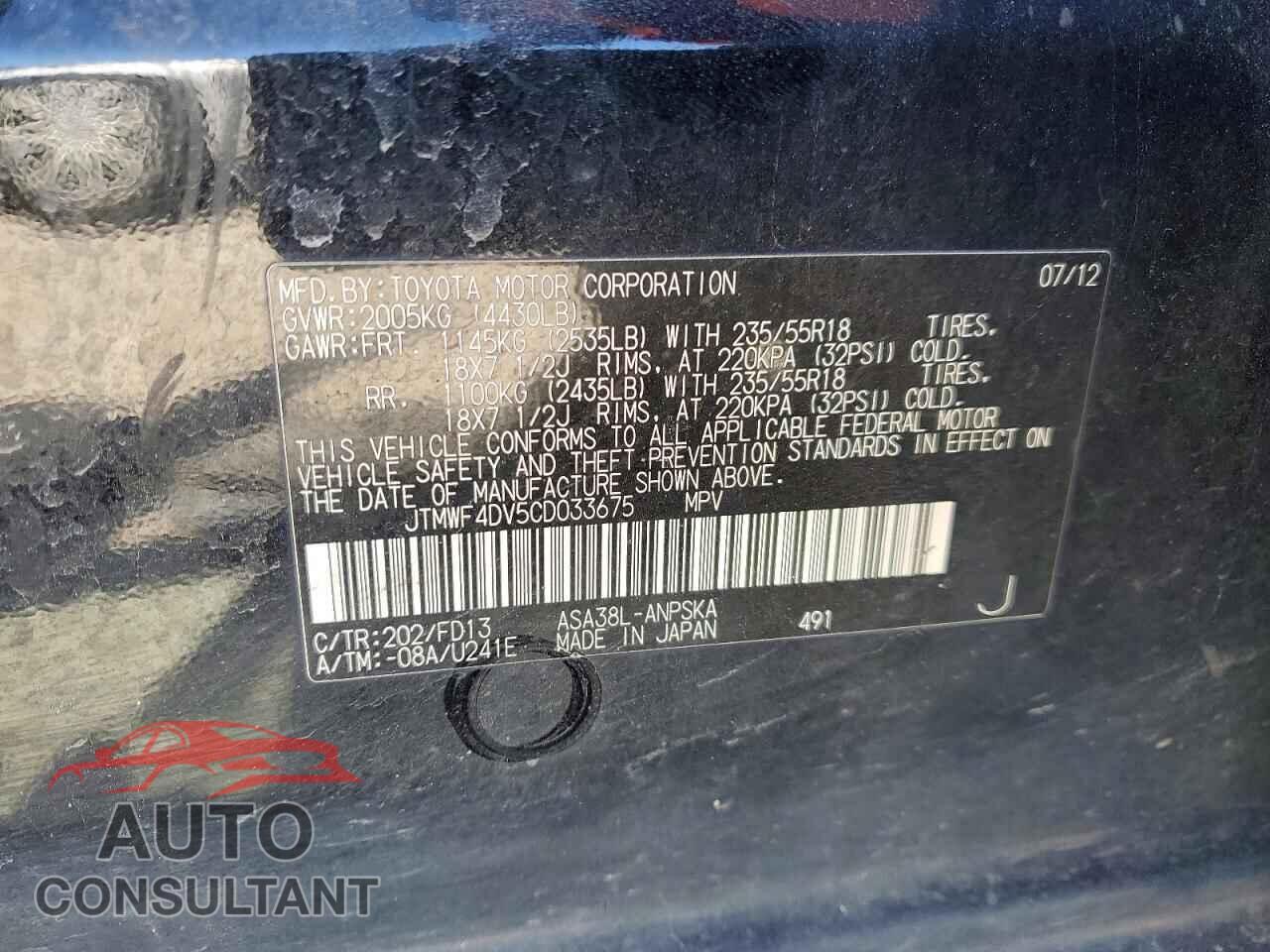 TOYOTA RAV4 2012 - JTMWF4DV5CD033675
