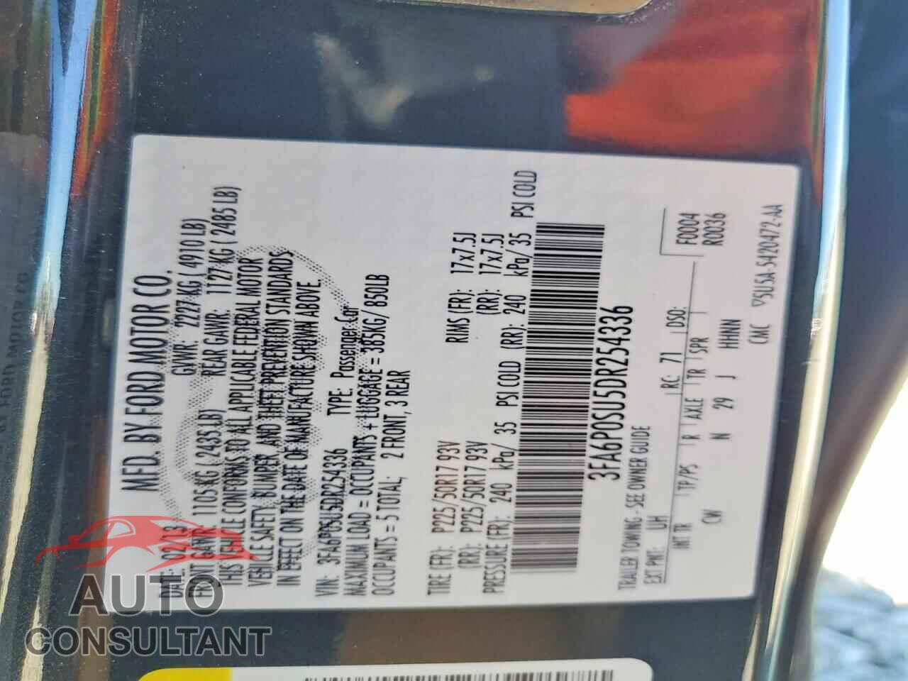 FORD FUSION 2013 - 3FA6P0SU5DR254336