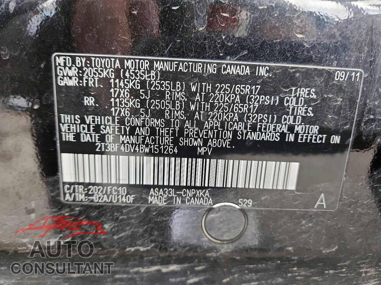 TOYOTA RAV4 2011 - 2T3BF4DV4BW151264