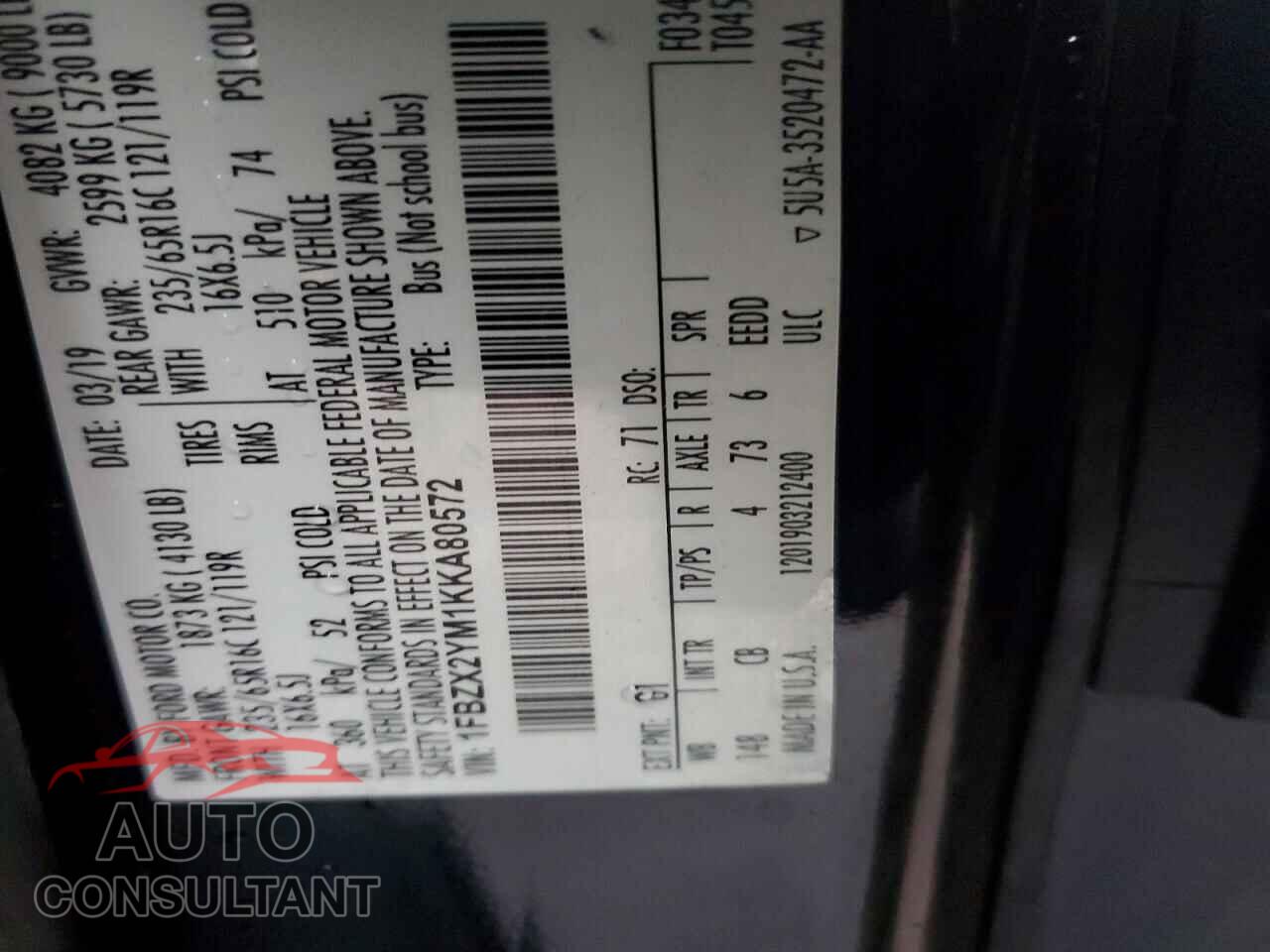 FORD TRANSIT 2019 - 1FBZX2YM1KKA80572