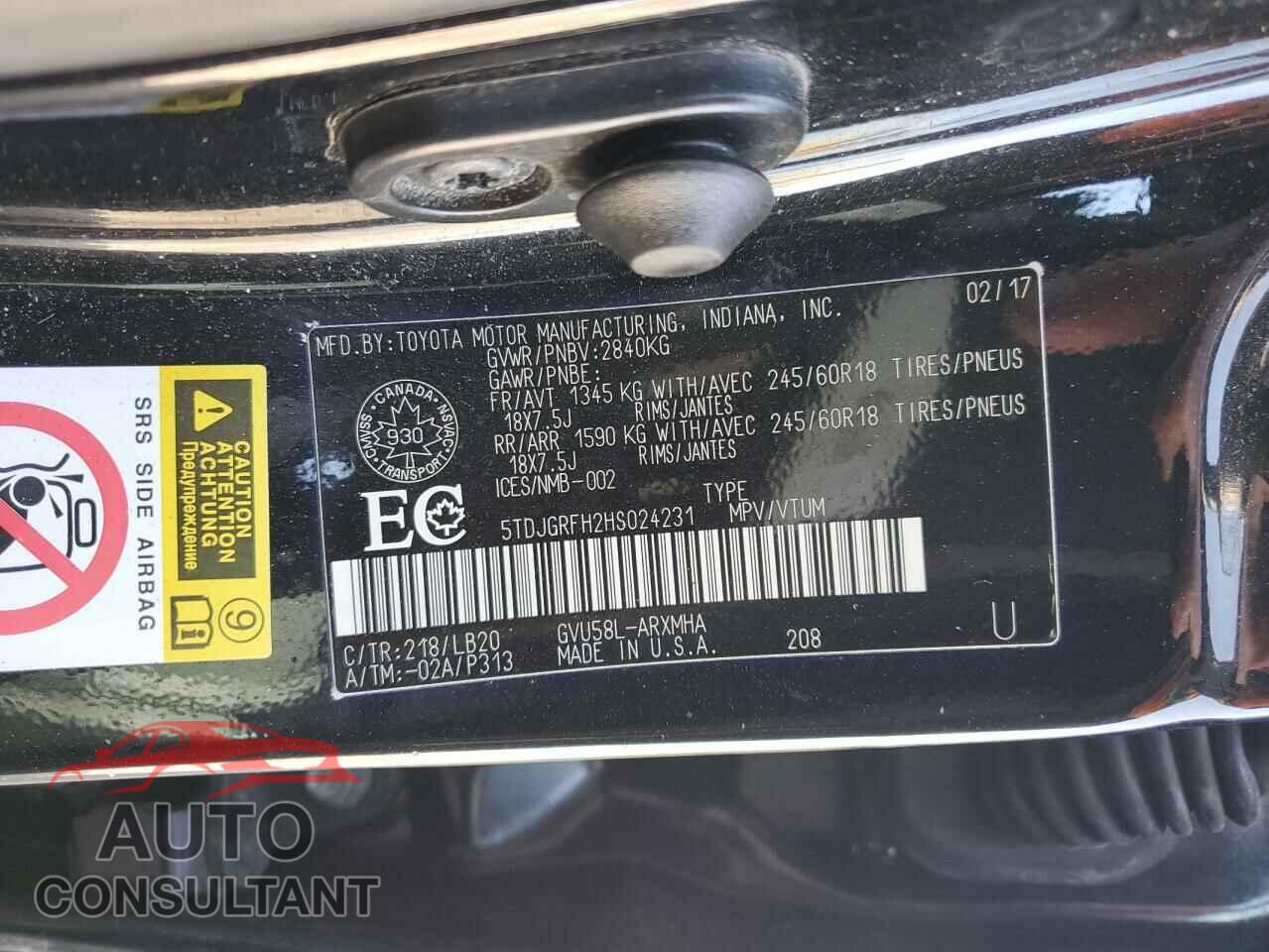 TOYOTA HIGHLANDER 2017 - 5TDJGRFH2HS024231