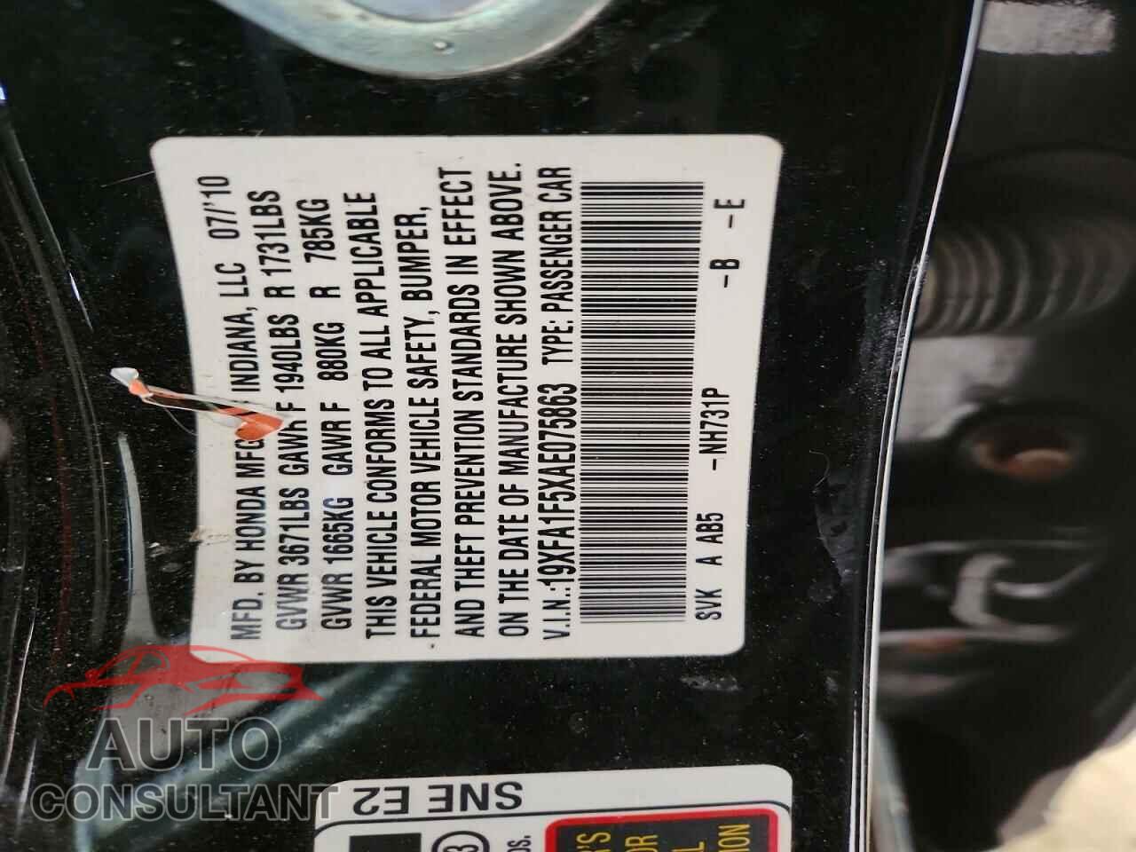 HONDA CIVIC 2010 - 19XFA1F5XAE075863