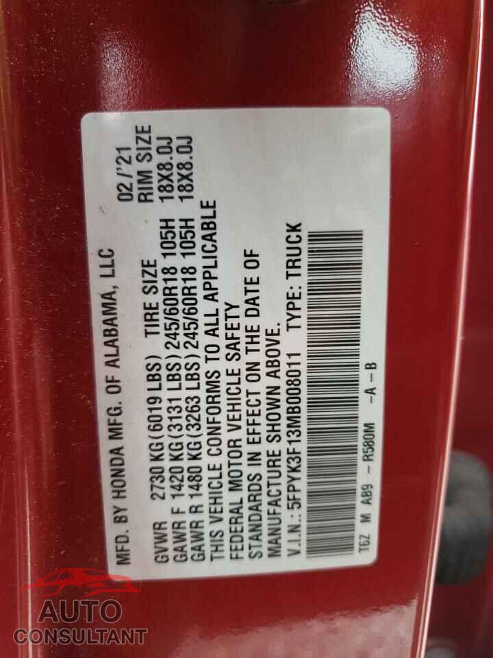HONDA RIDGELINE 2021 - 5FPYK3F13MB008011
