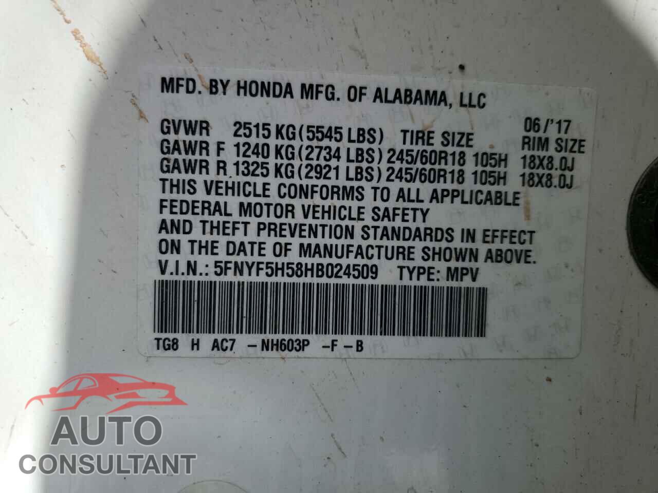 HONDA PILOT 2017 - 5FNYF5H58HB024509