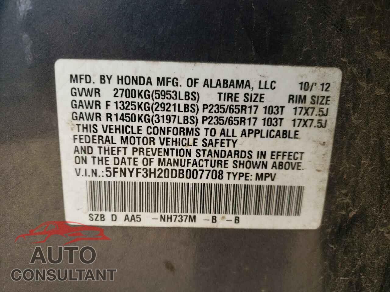 HONDA PILOT 2013 - 5FNYF3H20DB007708