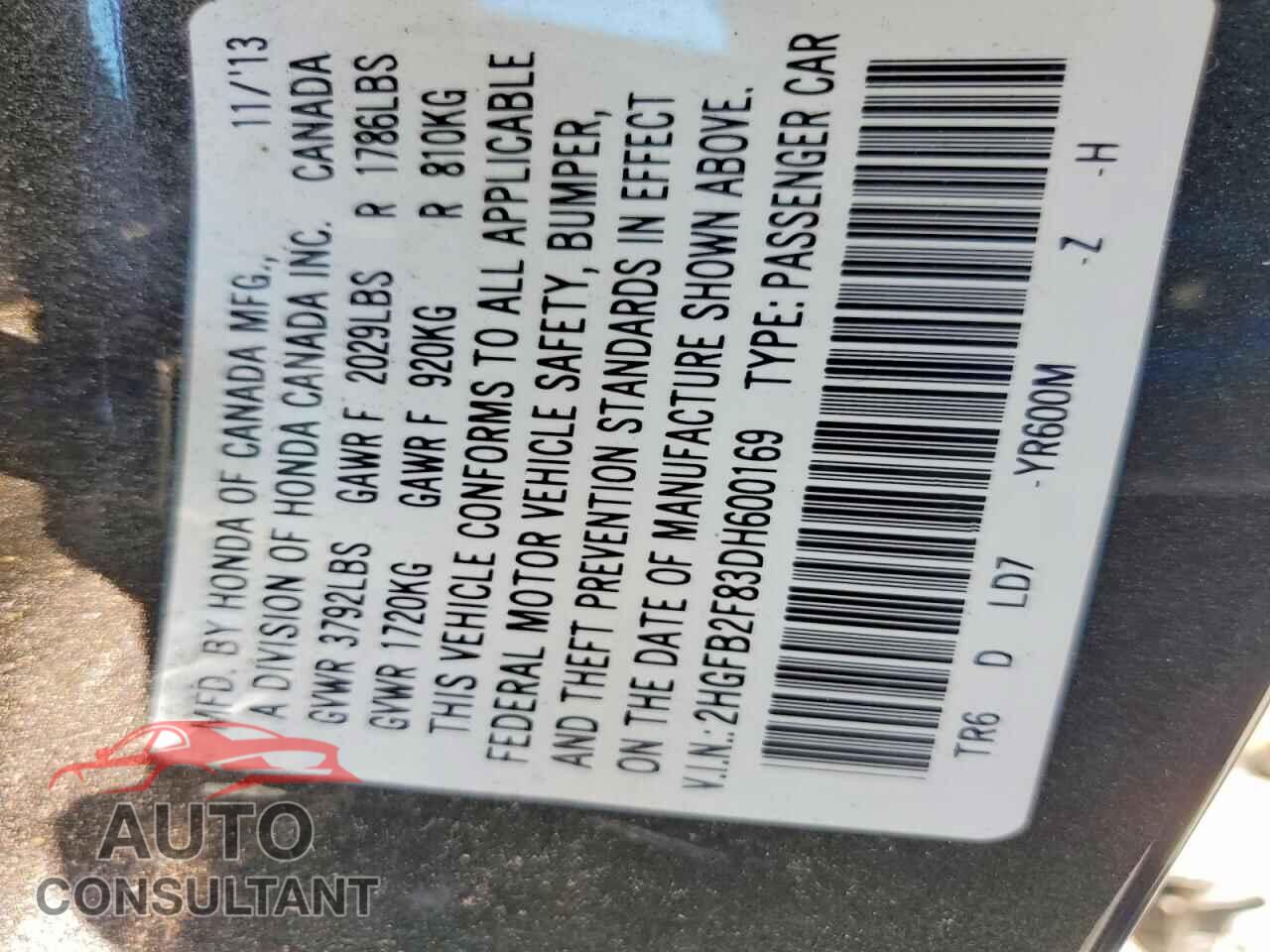 HONDA CIVIC 2013 - 2HGFB2F83DH600169