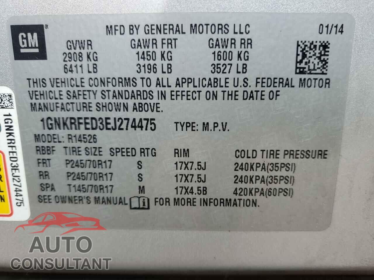 CHEVROLET TRAVERSE 2014 - 1GNKRFED3EJ274475