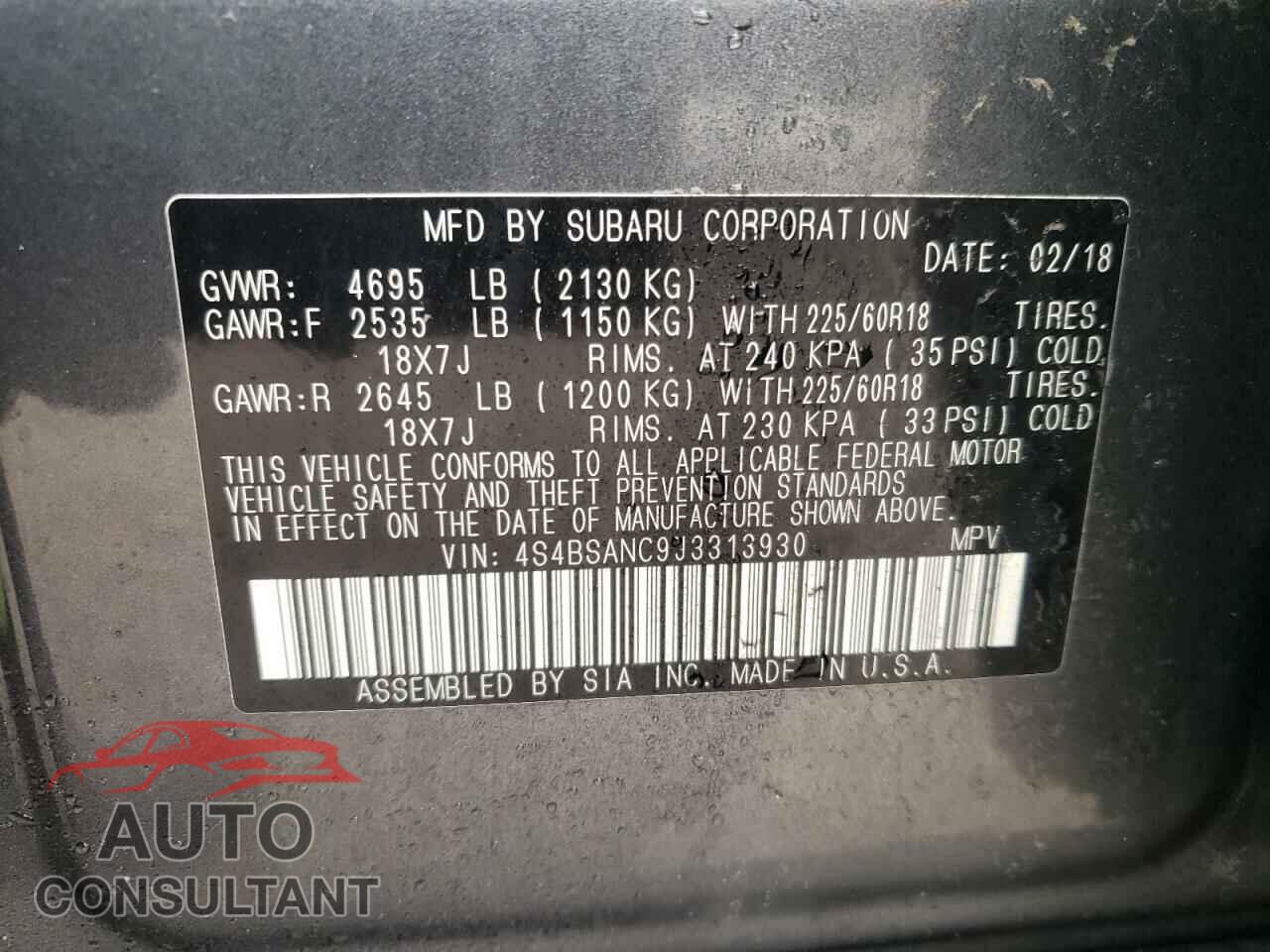 SUBARU OUTBACK 2018 - 4S4BSANC9J3313930