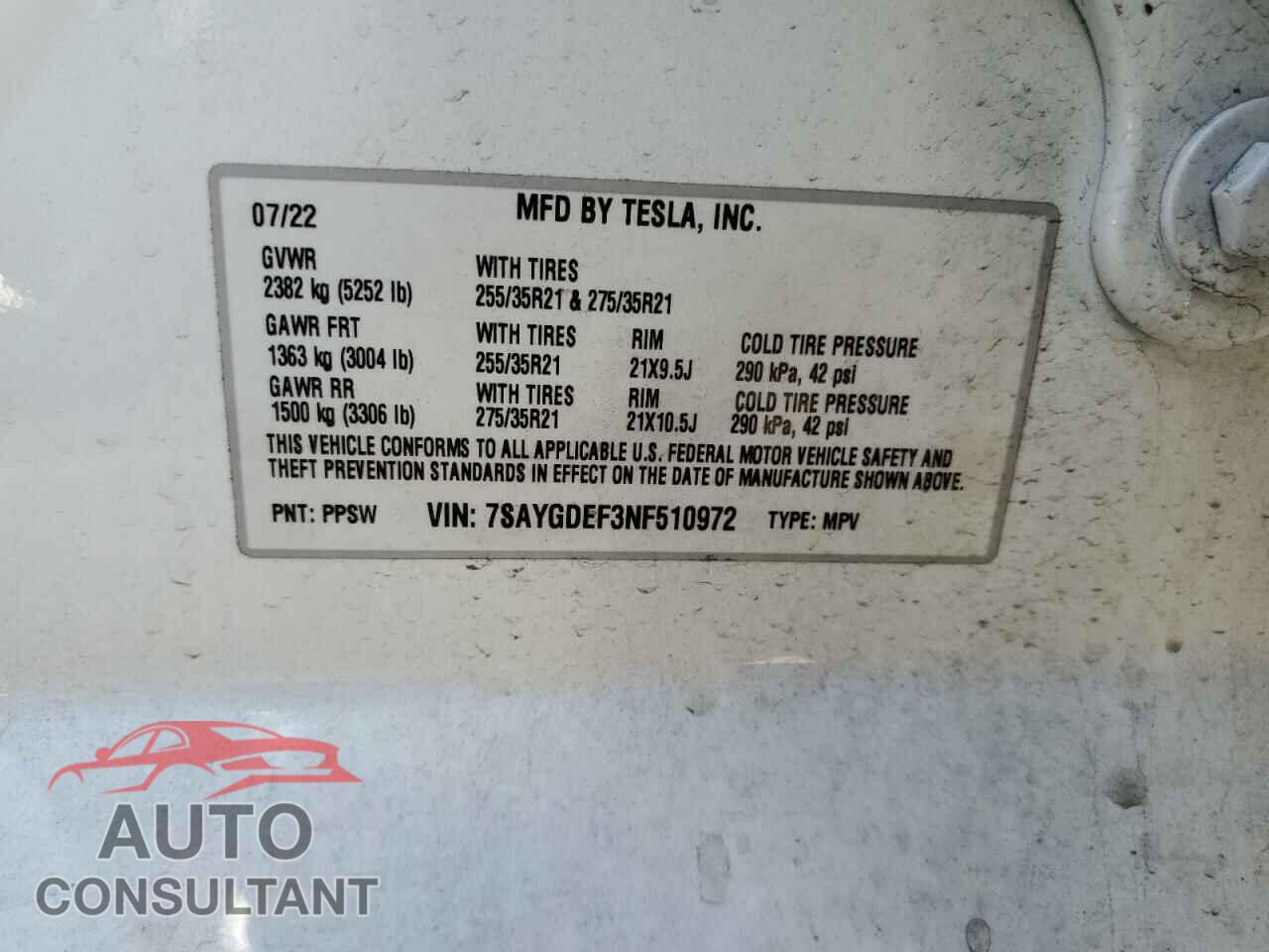 TESLA MODEL Y 2022 - 7SAYGDEF3NF510972