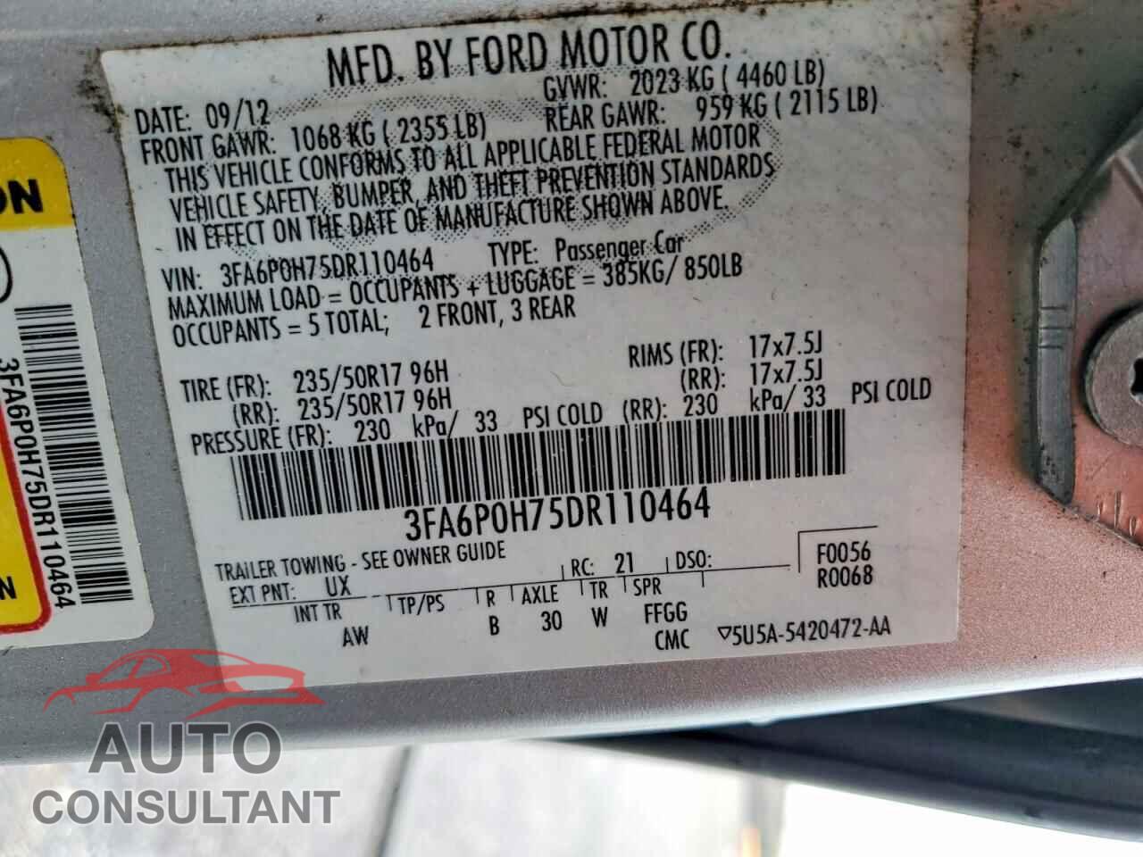 FORD FUSION 2013 - 3FA6P0H75DR110464