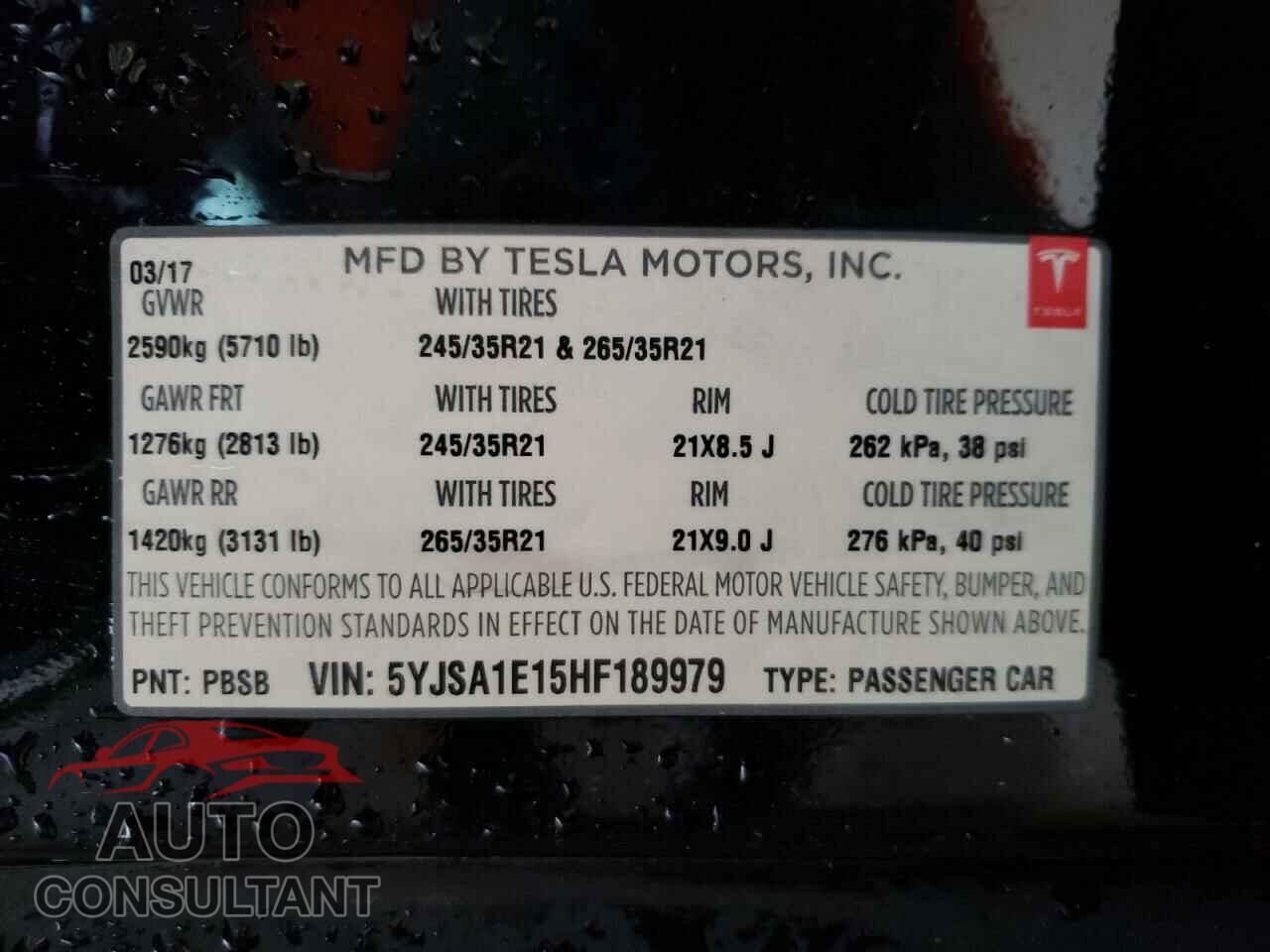 TESLA MODEL S 2017 - 5YJSA1E15HF189979
