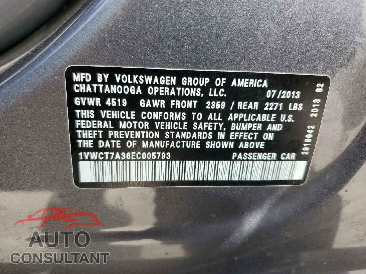 VOLKSWAGEN PASSAT 2014 - 1VWCT7A36EC005793