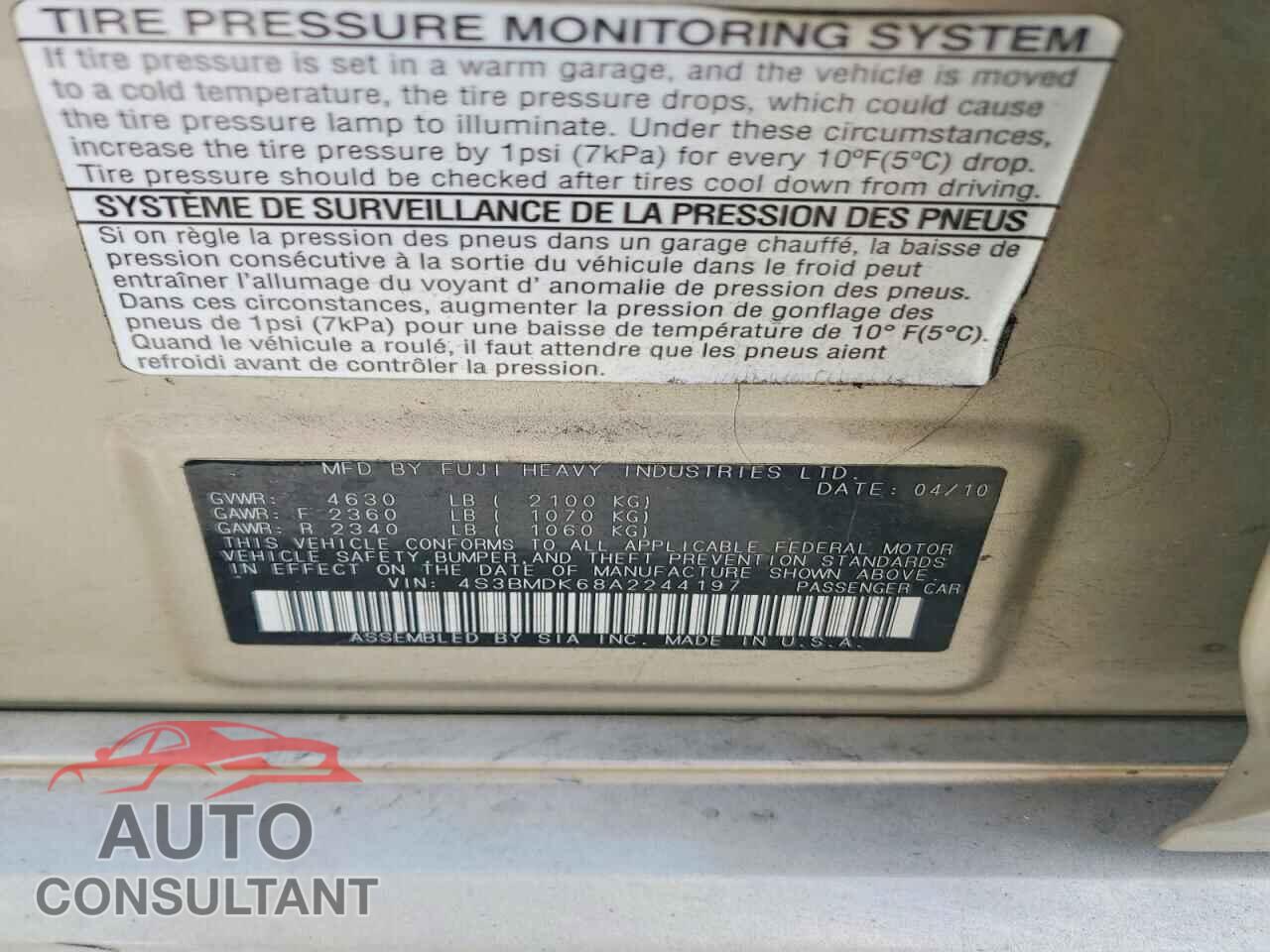 SUBARU LEGACY 2010 - 4S3BMDK68A2244197
