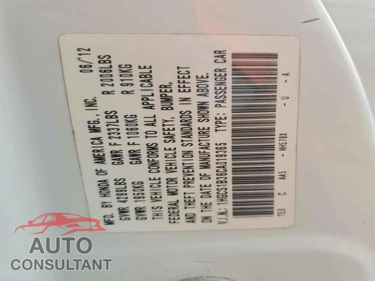 HONDA ACCORD 2012 - 1HGCS1B36CA019365