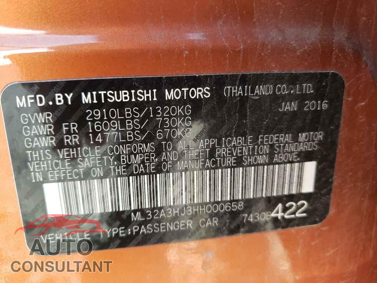 MITSUBISHI MIRAGE 2017 - ML32A3HJ3HH000658