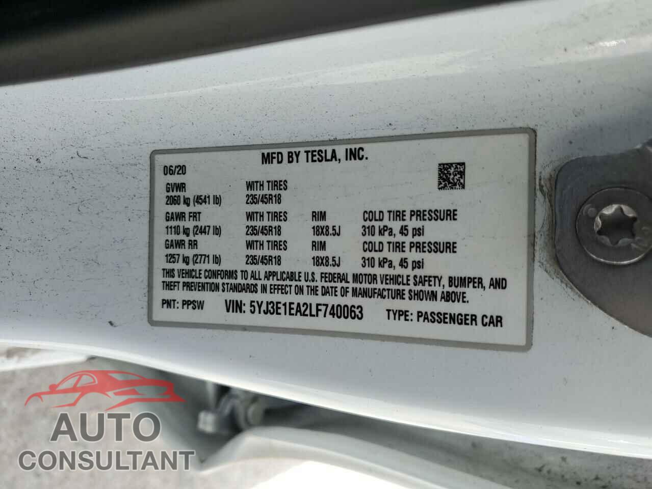 TESLA MODEL 3 2020 - 5YJ3E1EA2LF740063