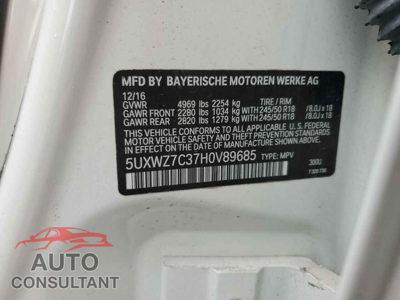 BMW X3 2017 - 5UXWZ7C37H0V89685