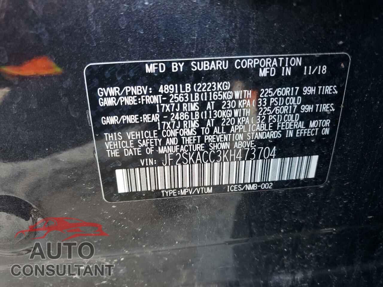 SUBARU FORESTER 2019 - JF2SKACC3KH473704