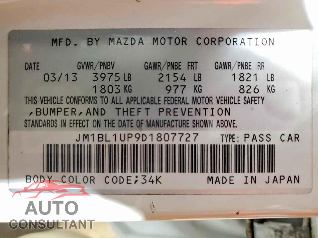 MAZDA 3 2013 - JM1BL1UP9D1807727