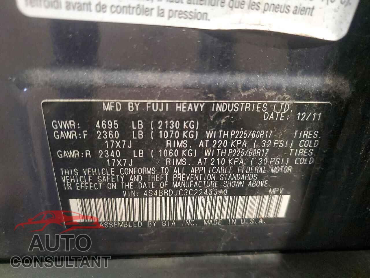 SUBARU OUTBACK 2012 - 4S4BRDJC3C2243370