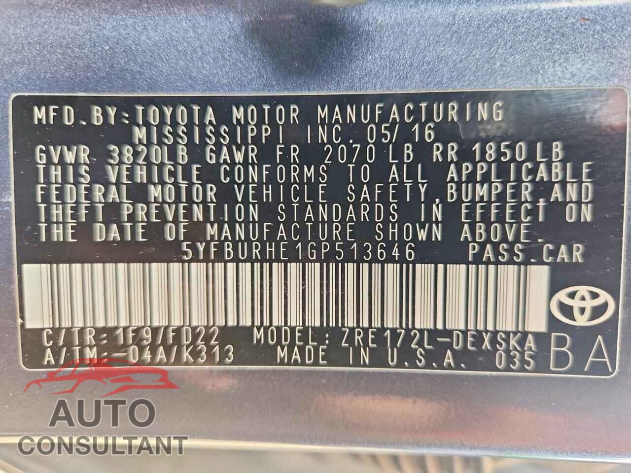 TOYOTA COROLLA 2016 - 5YFBURHE1GP513646