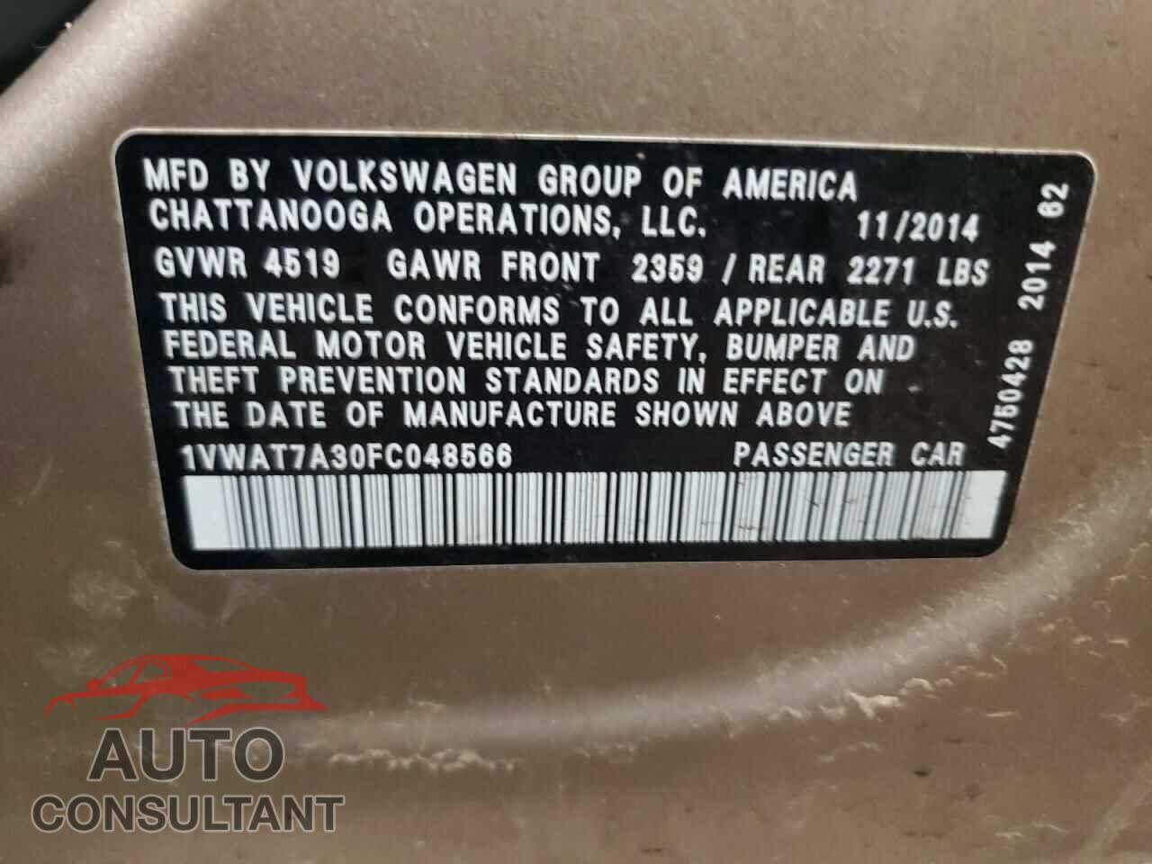 VOLKSWAGEN PASSAT 2015 - 1VWAT7A30FC048566