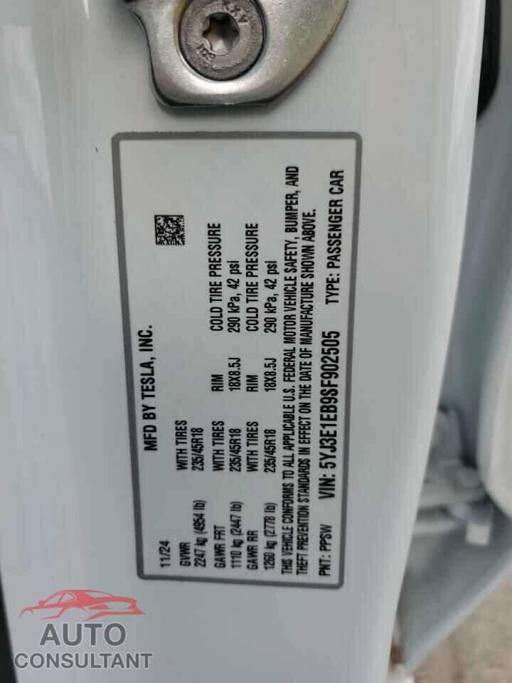 TESLA MODEL 3 2025 - 5YJ3E1EB9SF902505