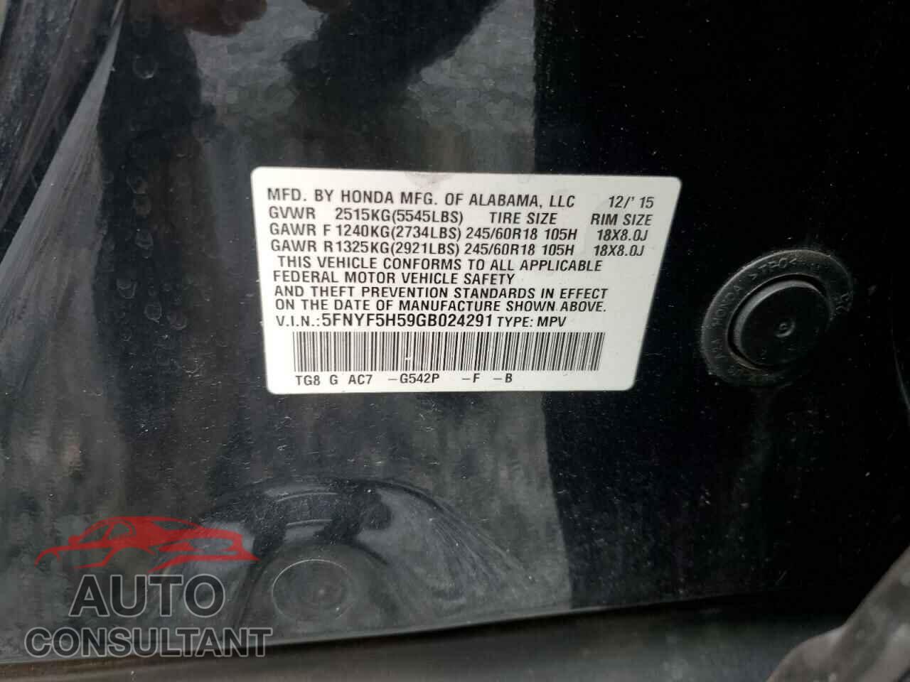 HONDA PILOT 2016 - 5FNYF5H59GB024291