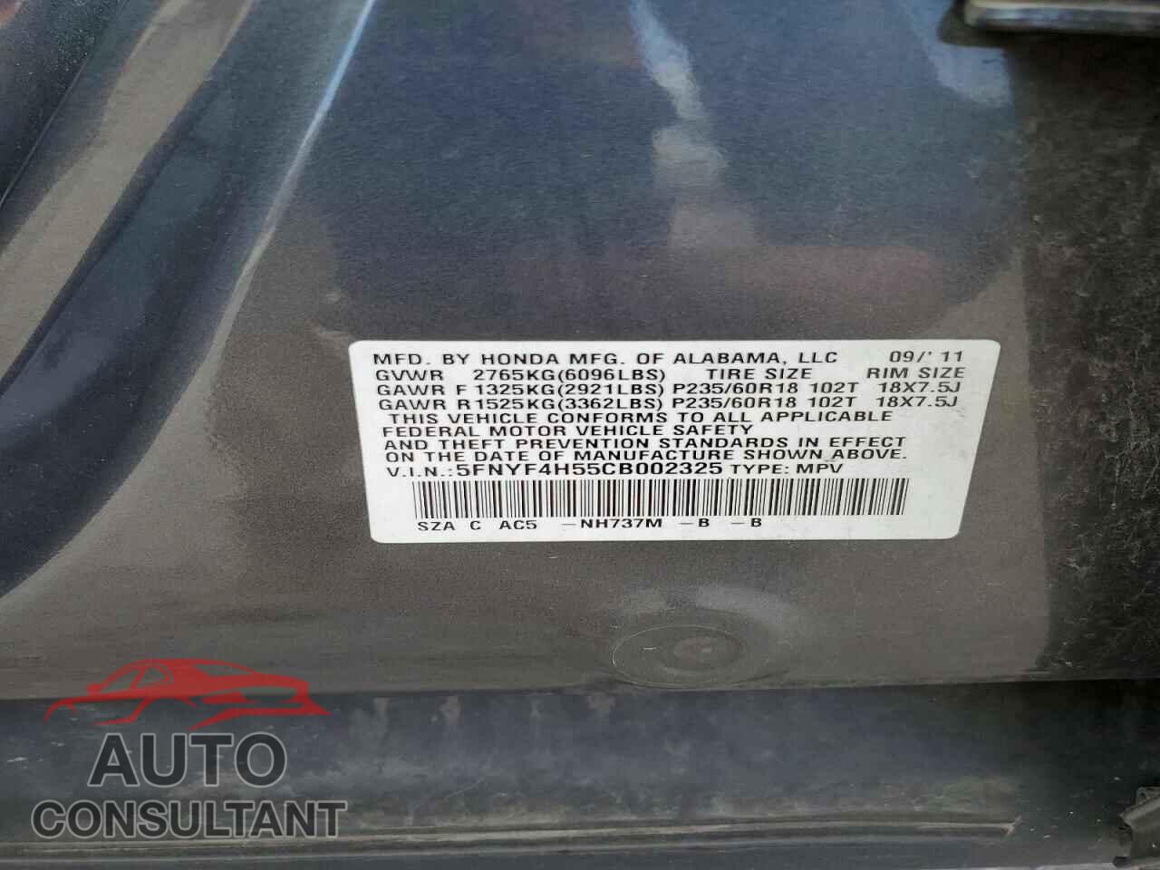 HONDA PILOT 2012 - 5FNYF4H55CB002325