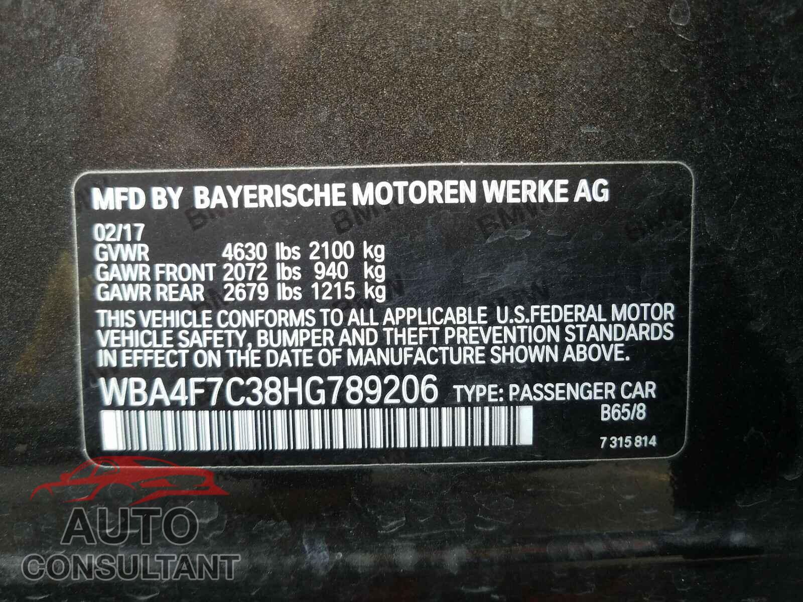 BMW 4 SERIES 2017 - WBA4F7C38HG789206