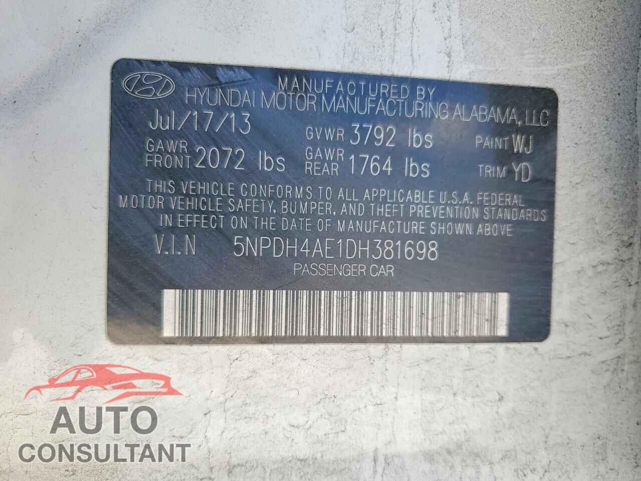 HYUNDAI ELANTRA 2013 - 5NPDH4AE1DH381698