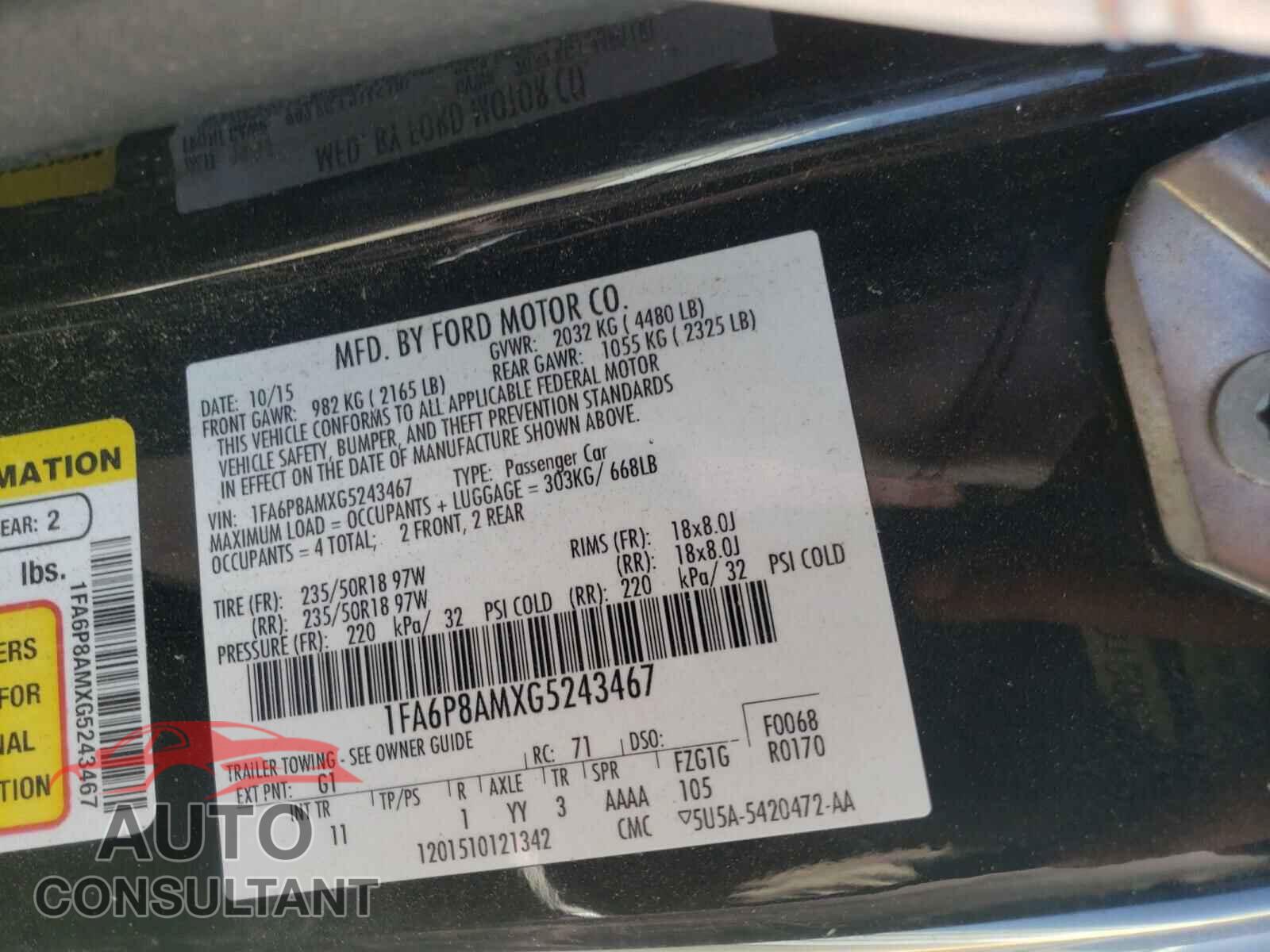 FORD MUSTANG 2016 - 1FA6P8AMXG5243467