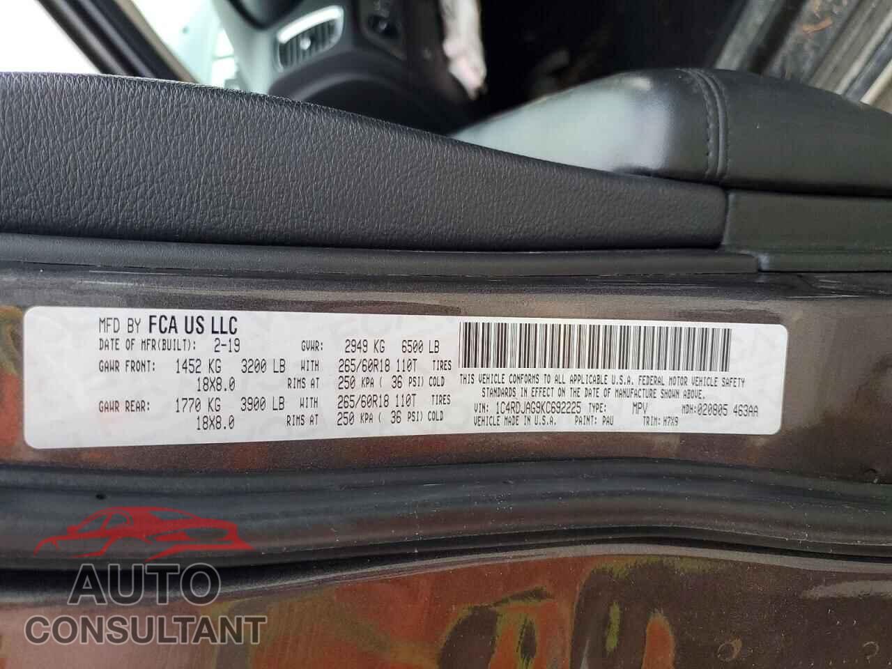 DODGE DURANGO 2019 - 1C4RDJAG9KC692225