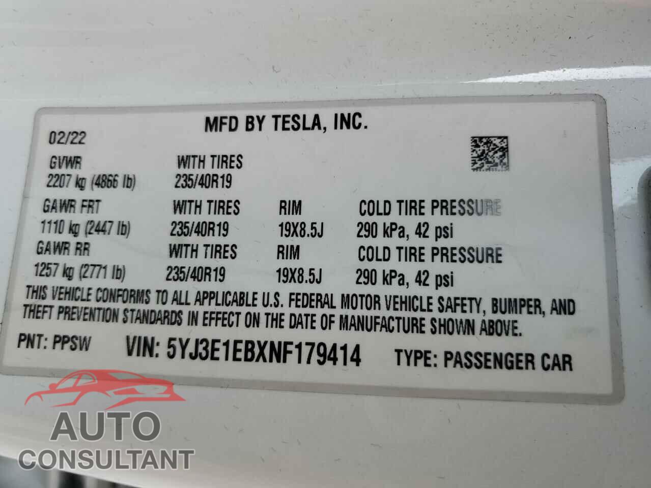 TESLA MODEL 3 2022 - 5YJ3E1EBXNF179414