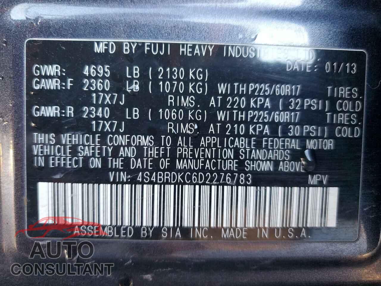 SUBARU OUTBACK 2013 - 4S4BRDKC6D2276783