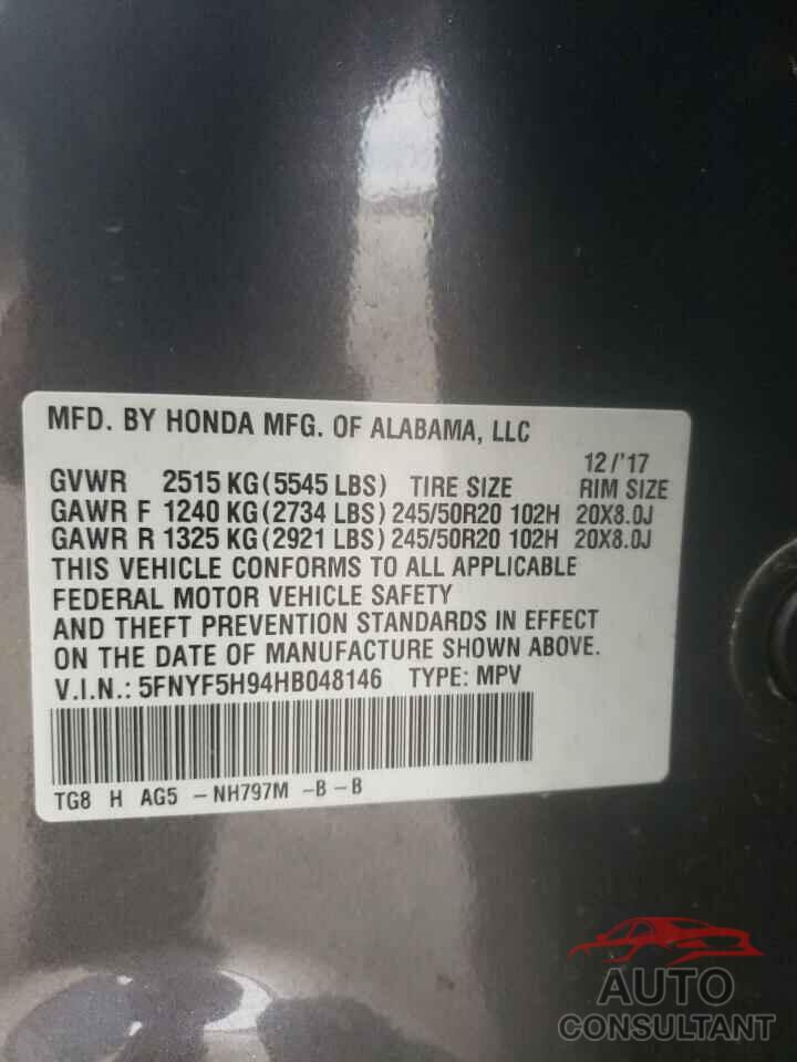 HONDA PILOT 2017 - 5FNYF5H94HB048146