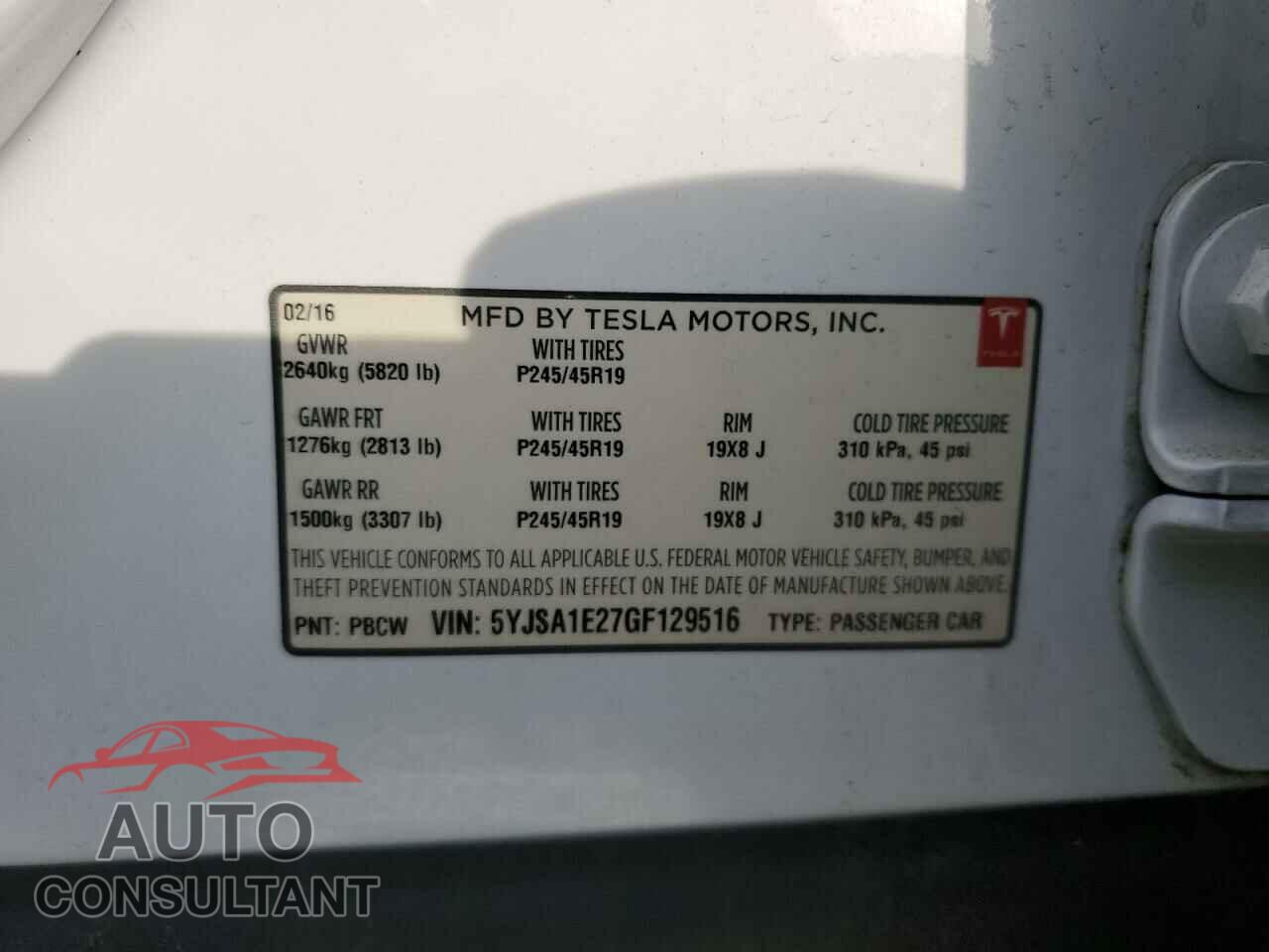 TESLA MODEL S 2016 - 5YJSA1E27GF129516