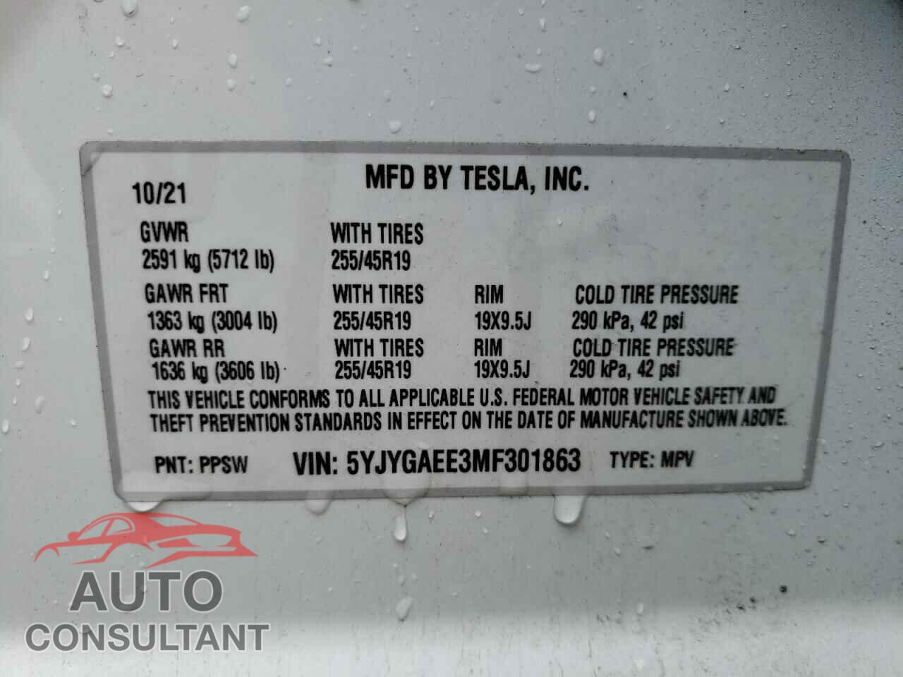 TESLA MODEL Y 2021 - 5YJYGAEE3MF301863