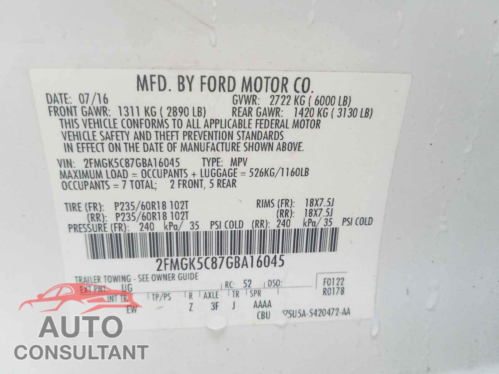FORD FLEX 2016 - 2FMGK5C87GBA16045